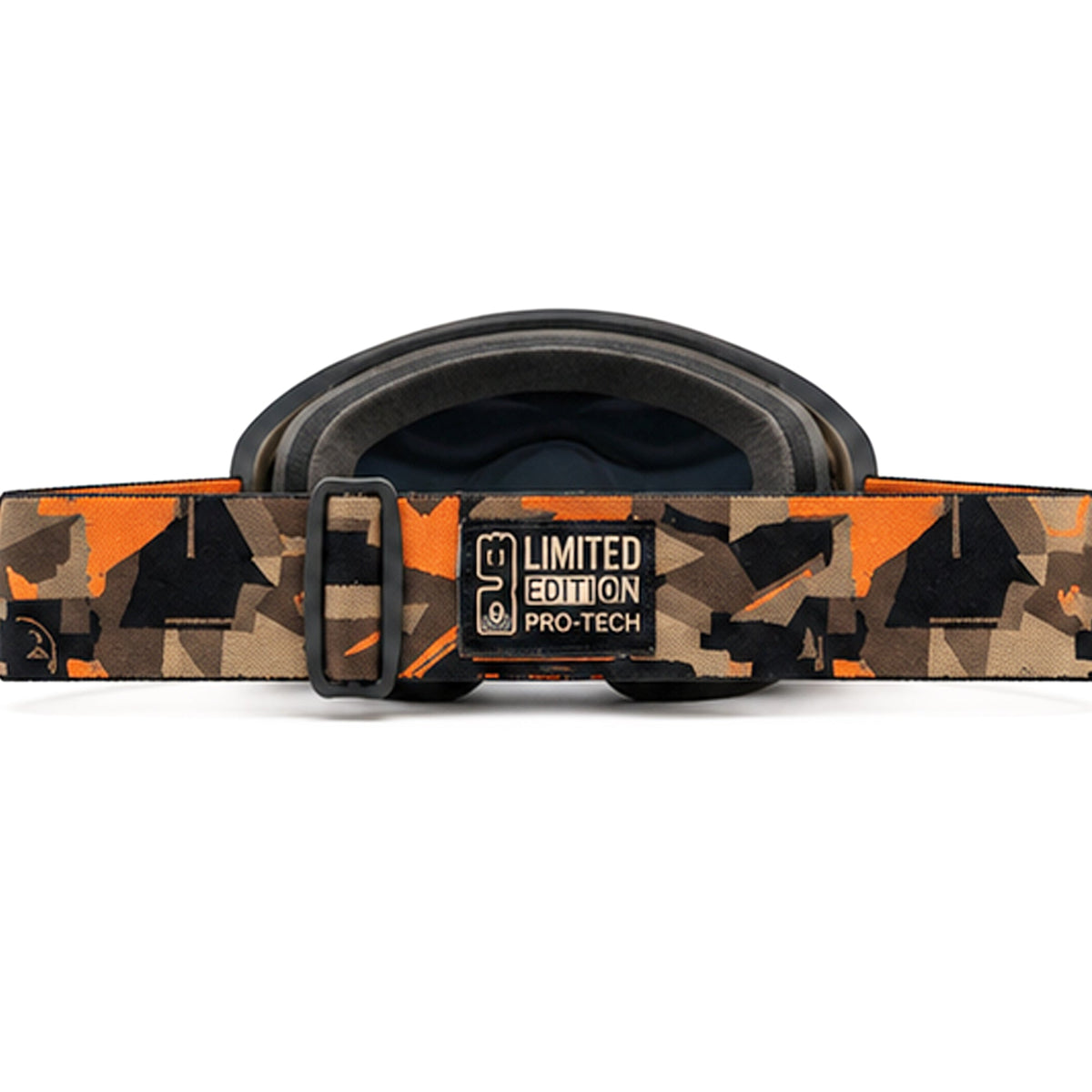 MHD Backcountry Pro Limited Edition Pro-Tech goggle, back view, mountain camo strap with adjustment buckle