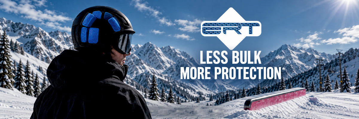 A snowboarder wearing a MHD helmet with ERT impact protection
