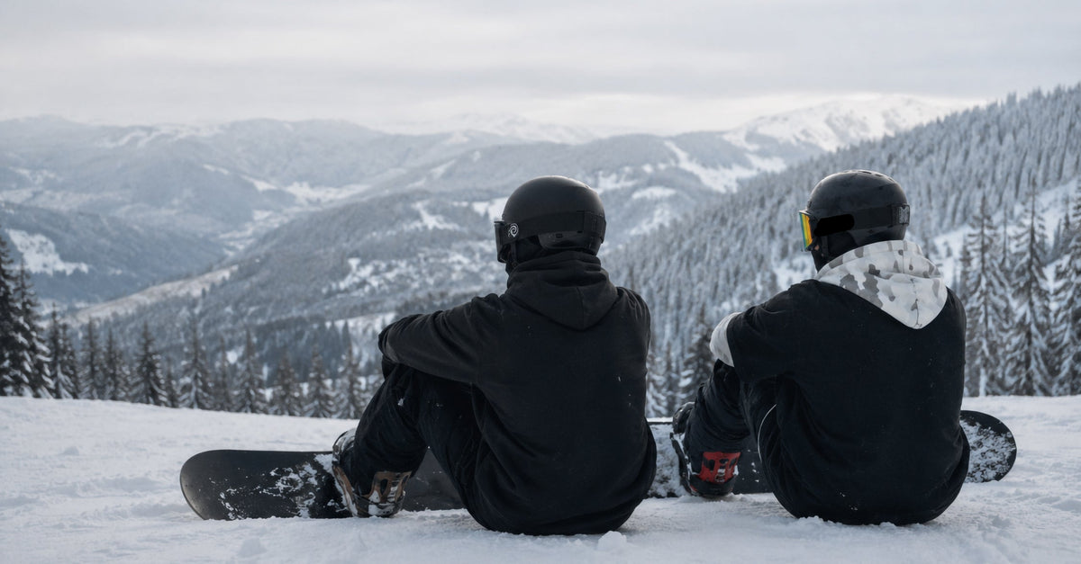 two snowboarders sitting on the top of a ski slope wearing MHD ski snowboarding helmets and goggles