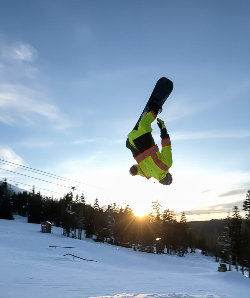 MHD team rider Nikko Kimbaugh, backflip at sunset, snowboard park