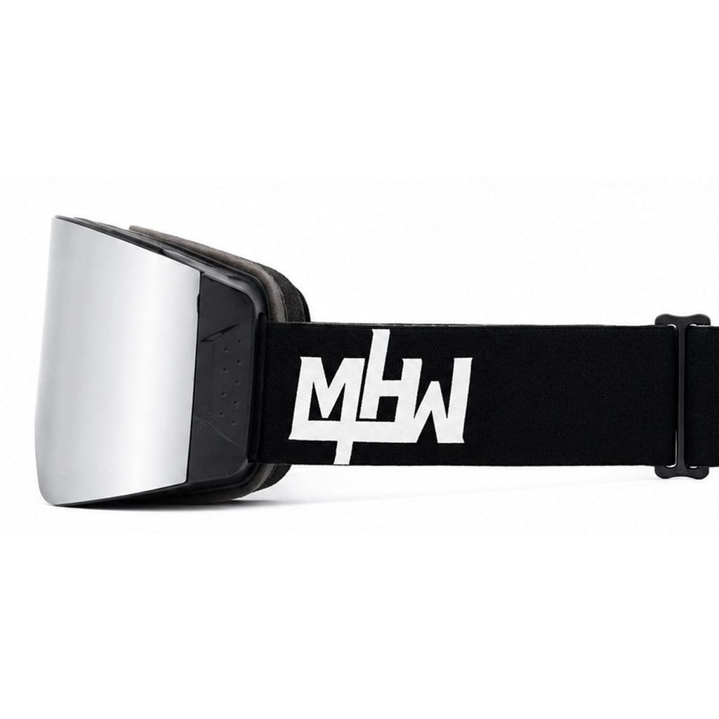 Side view of Blacked Out snow goggles by MHD with locking lens system