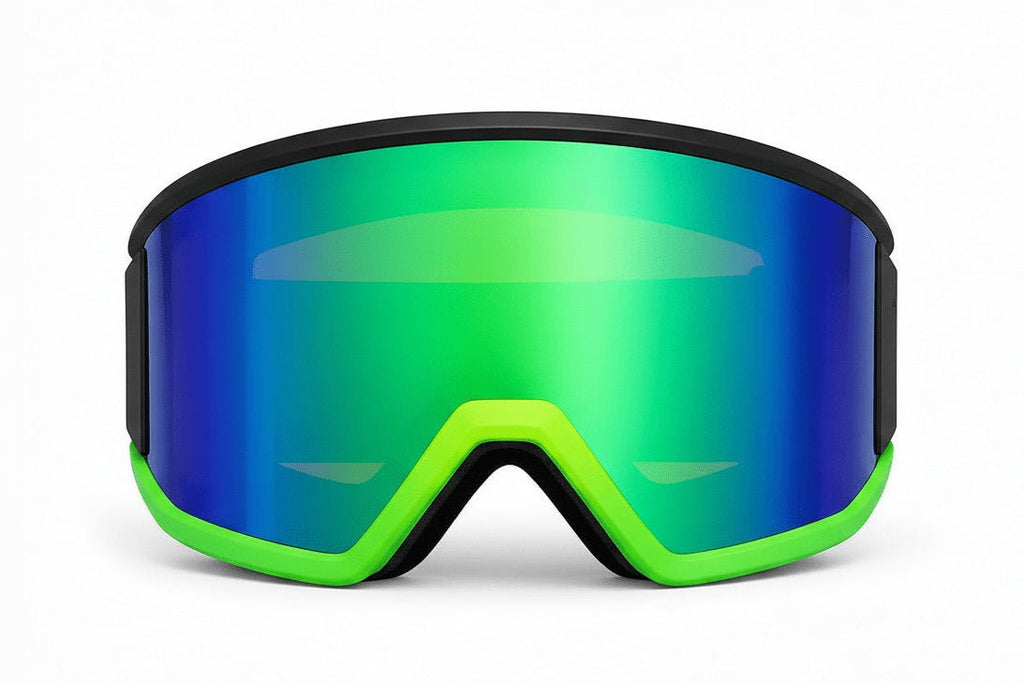 Green replacement lens by MHD shown in a cylindrical snow goggle
