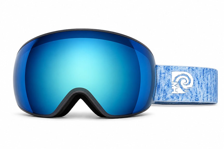 Denim ski snowboard goggles with photochromic spherical lens by MHD strap detail