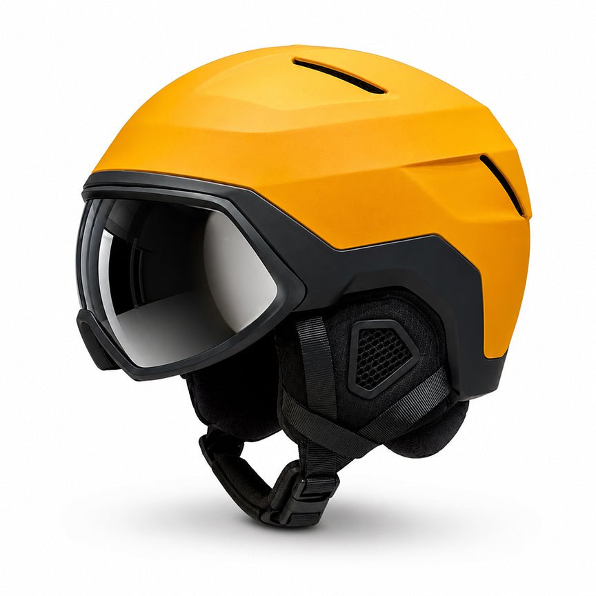MHD EVOL yellow ski and snowboard helmet with Silver Mirror magnetic goggles side view