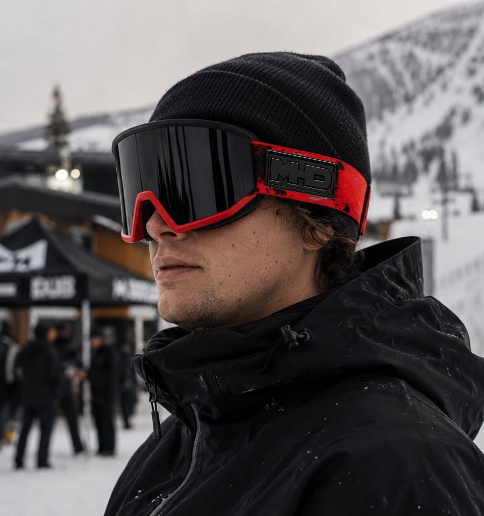 Rider wearing Hell Fire snow goggles by MHD