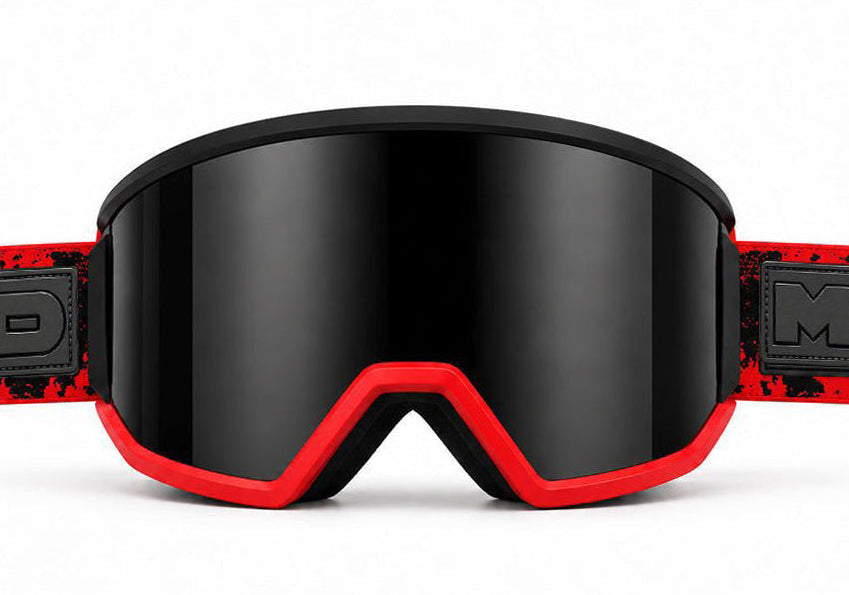 Hell Fire snow goggles by MHD with black lens and red frame
