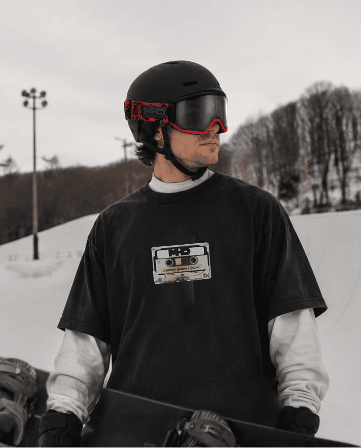 Rider wearing OG CLASSIC matte black snowboard helmet by MHD 