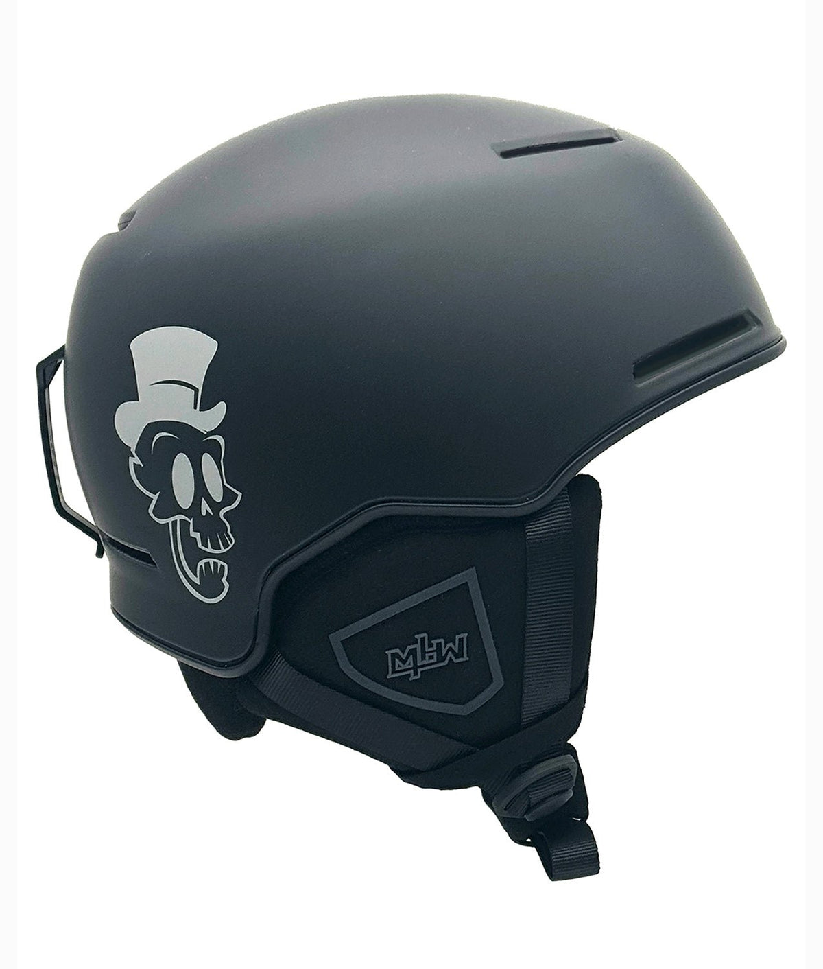 OG SKULLY snowboard helmet by MHD, side view showing skull graphic detail
