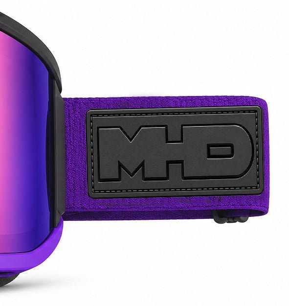 Purple Craze snow goggles by MHD, strap detail with MHD logo