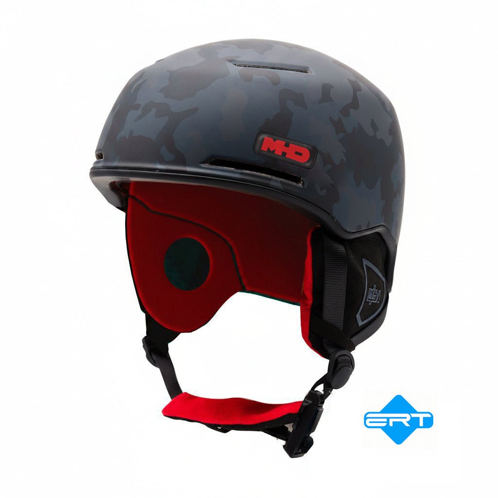 Shredder snowboard helmet by MHD in grey camo with red liner and ERT impact protection