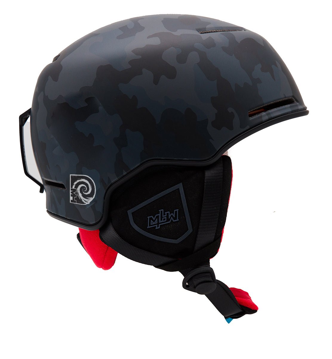 Side view of Shredder snowboard helmet by MHD with black and grey camo shell