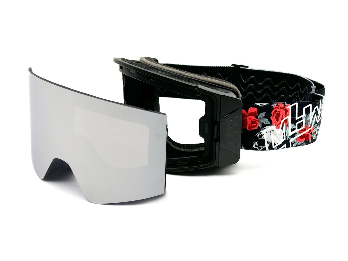 Skull and Roses snow goggles by MHD with mirror magnetic locking lens
