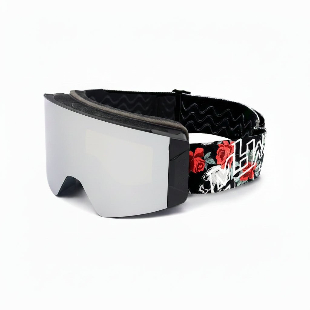 Side view of Skull and Roses snow goggles by MHD with locking lens system