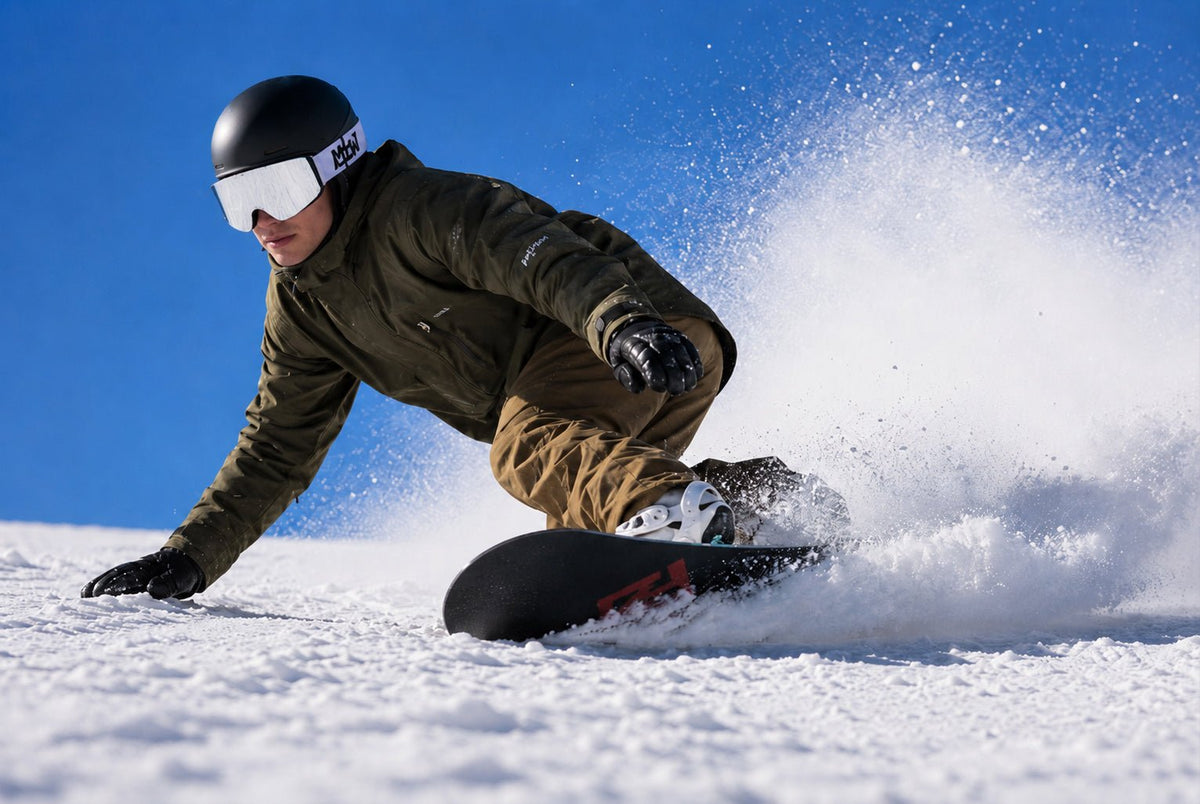 Snowboarder wearing Snow Blind snow goggles by MHD on snow